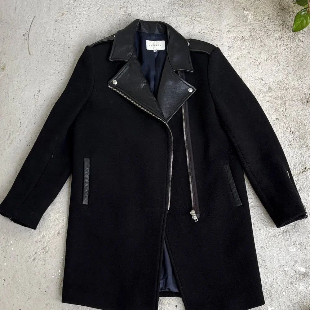 Sandro wool and leather pea coat style coat